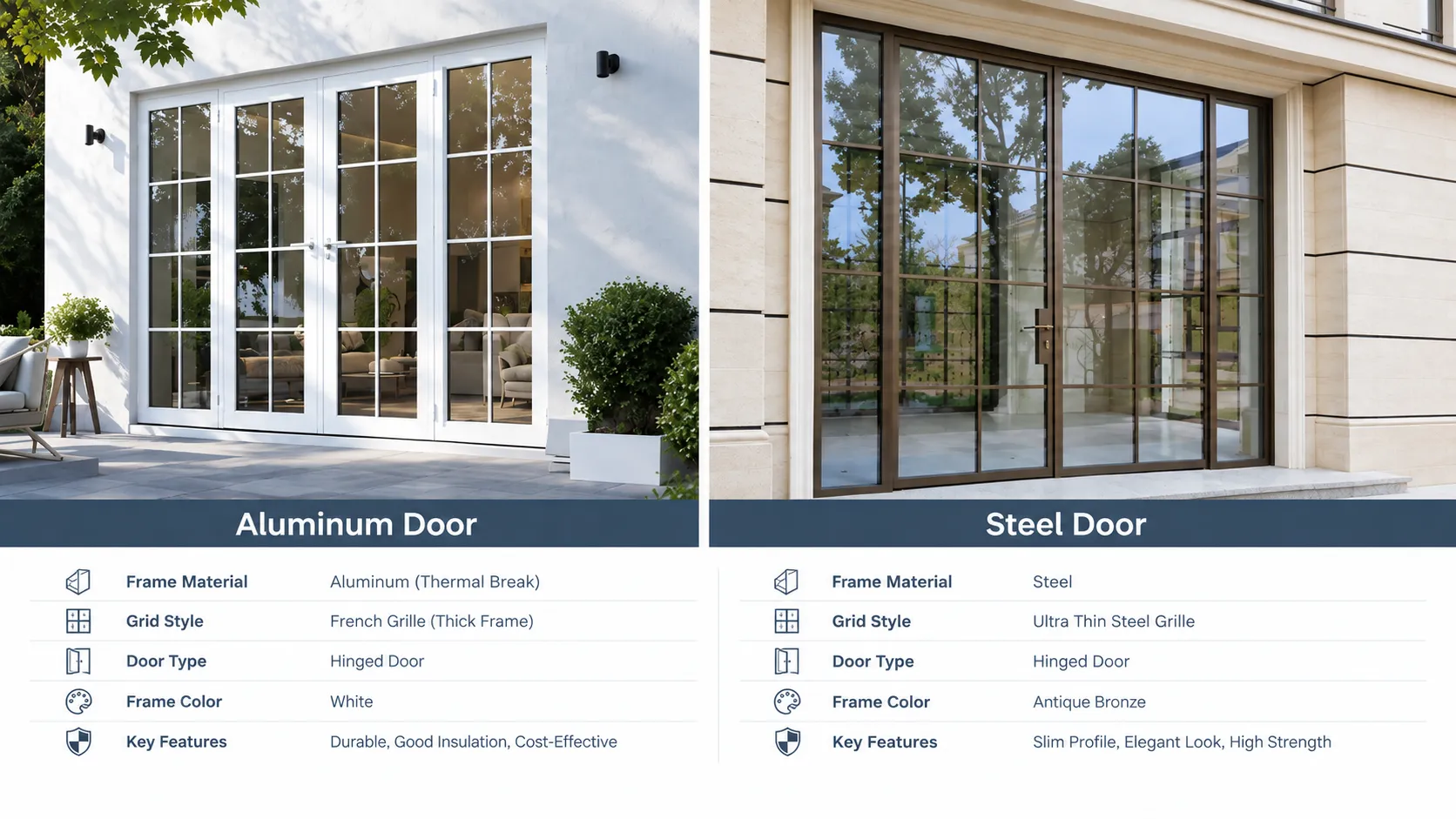 Side-by-side comparison of an aluminium hinged door and a steel hinged door. The aluminium unit uses a thick French grille in white; the steel unit uses an ultra-thin grille in antique bronze. The table beneath lists frame material, grid style, door type, frame colour and key features.